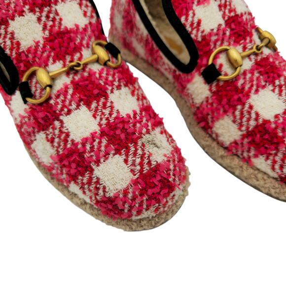 Gucci Horsebit Tweed Loafer Size 38 US 8 Shearling Lined Red White Slipper - Picture 7 of 9